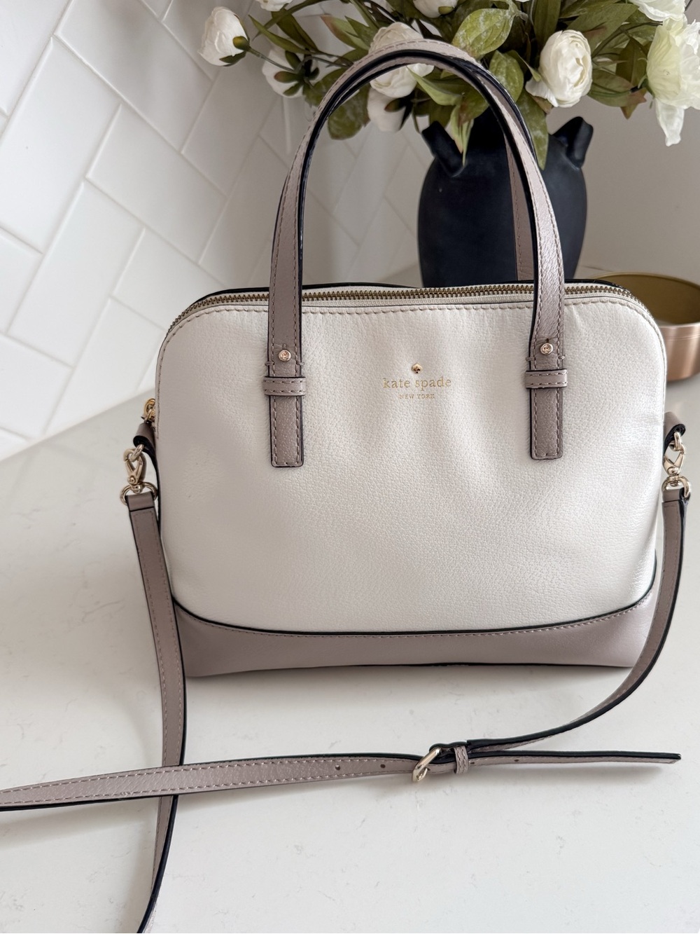 Kate Spade ColorBlock Cedar Street Leather Dome Satchel - Cream & Taupe